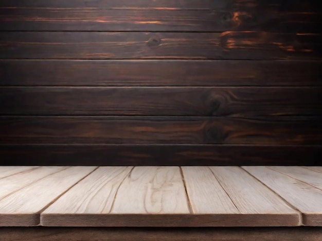 Una mesa con una pared de madera en el fondo generada por IA