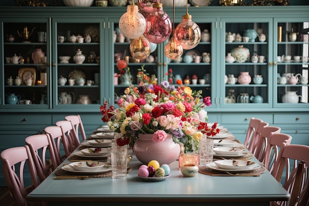 Una mesa de Pascua adornada con huevos bellamente decorados que crean una atmósfera festiva de vacaciones AI generativa