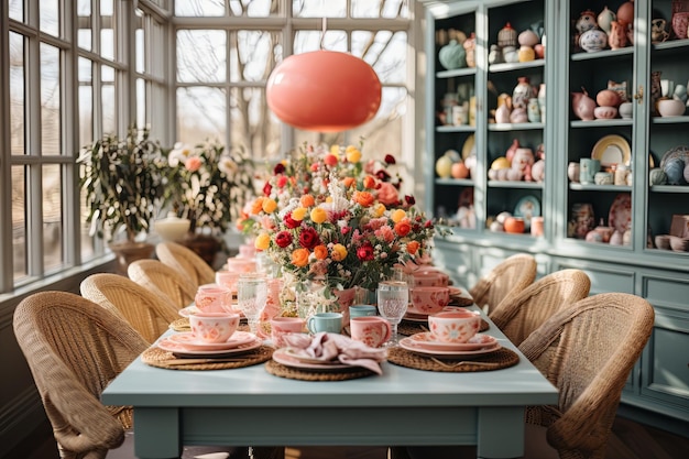 Foto una mesa de pascua adornada con huevos bellamente decorados que crean una atmósfera festiva de vacaciones ai generativa