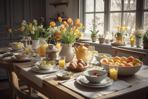 Mesa de Pascua con flores de primavera