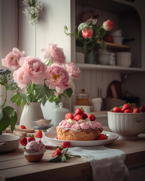 Una mesa con un pastel y flores encima y un jarrón de flores al fondo.