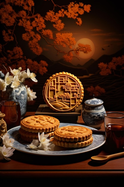 Mesa de pastel de luna de mediados de otoño chino