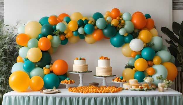 una mesa de pastel con una pared de globos y un pastel en ella