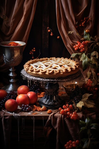 Foto una mesa con un pastel y un plato de fruta en ella