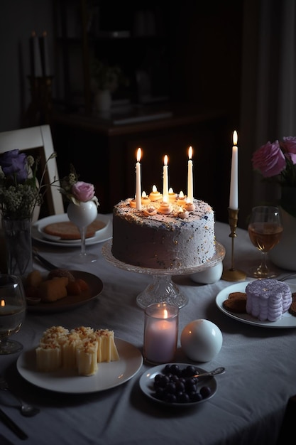 Una mesa con un pastel y velas encima.