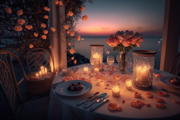Una mesa con un pastel y velas encima.