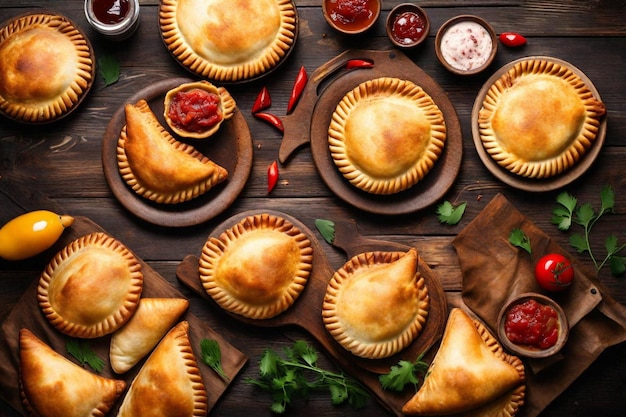 Foto una mesa con pasteles y otros alimentos, incluidos pasteles y una vela