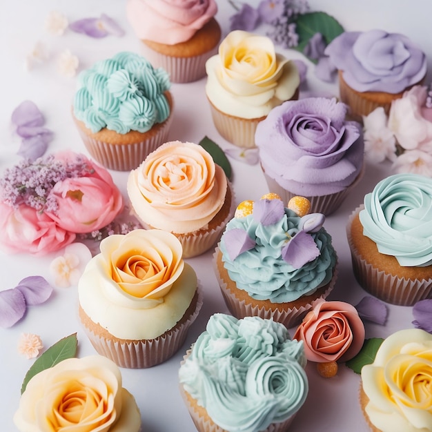 Una mesa de pastelitos de color pastel con diferentes colores y flores.