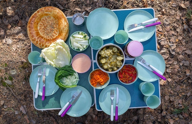 Mesa con pasuda para un picnic en la naturaleza