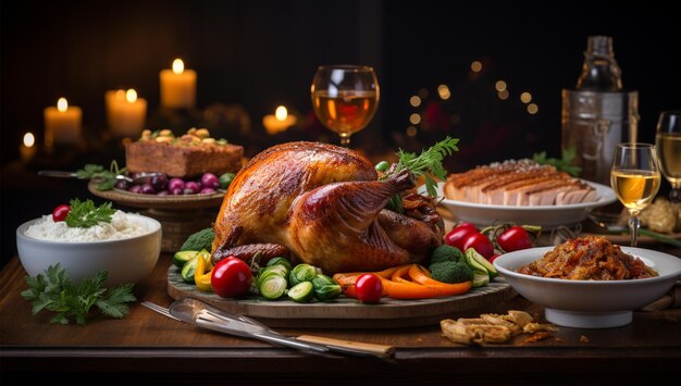 una mesa con un pavo y pan en ella