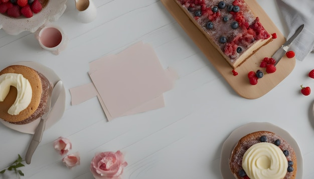 una mesa con un pedazo de papel que dice frambuesas en él