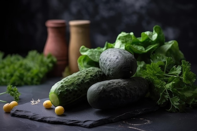 Una mesa con pepinos y lechuga.