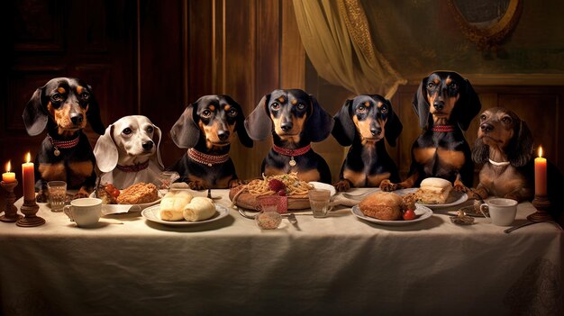 una mesa con perros y platos de comida en ella, incluidos perros y pasteles