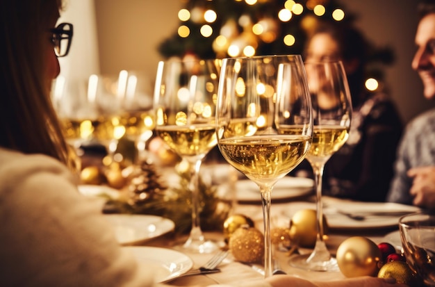 una mesa de personas colocando vasos de vino en Navidad