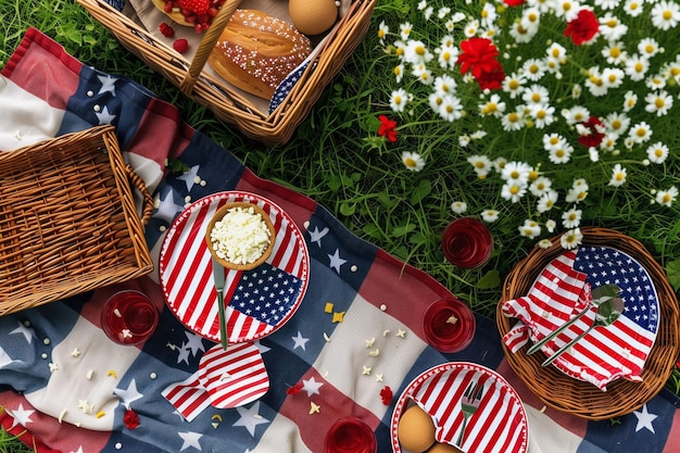 Una mesa de picnic con banderas estadounidenses y platos de comida