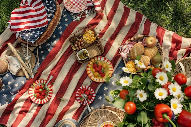 Una mesa de picnic con banderas estadounidenses y platos de comida