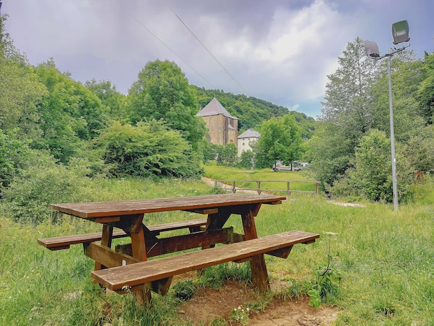 Una mesa de picnic en el bosque con una casa al fondo