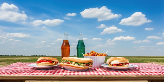 Una mesa de picnic con cerveza fría y panecillos calientes llenan la mesa contra un cielo azul nublado