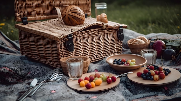 Una mesa de picnic con una cesta llena de comida y una cesta de pan con una copa de vino al fondo.