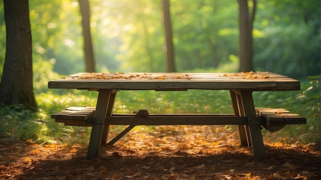 Mesa de picnic en un entorno de bosque tranquilo