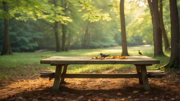 Mesa de picnic en un entorno de bosque tranquilo