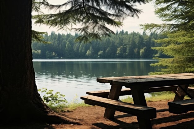Una mesa de picnic junto a un lago sereno