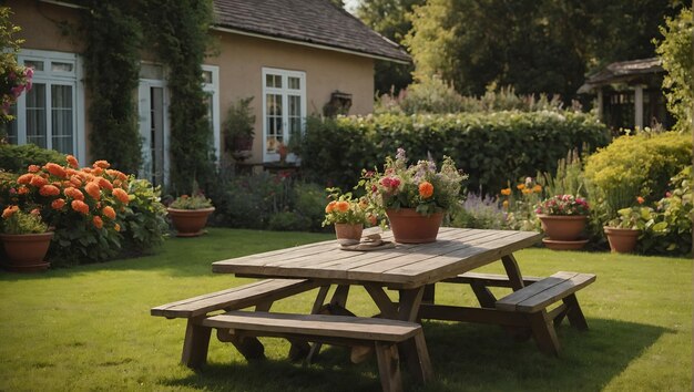 una mesa de picnic de madera con flores en ella y una casa en el fondo