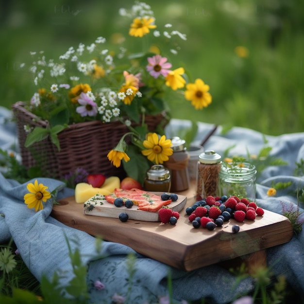 Mesa de picnic de madera con una manta tejida y una canasta de frutas Imagen generativa de IA