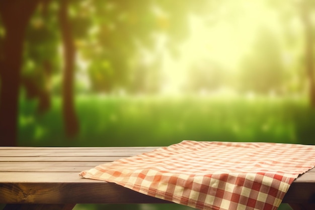 Una mesa de picnic con un mantel a cuadros rojo y blanco.