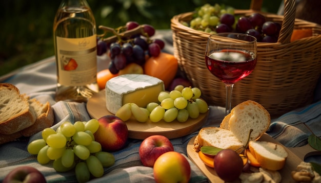 Mesa de picnic rústica con queso y vino gourmet generada por IA