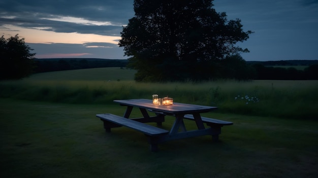 Foto una mesa de picnic con velas y un árbol al fondo.