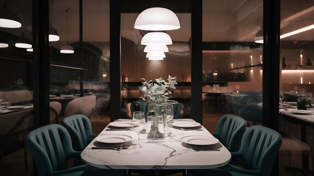 Foto mesa de piedra de mármol blanco vacío y ventana de vidrio borroso interior del restaurante estandarte maquillaje de abstracciones