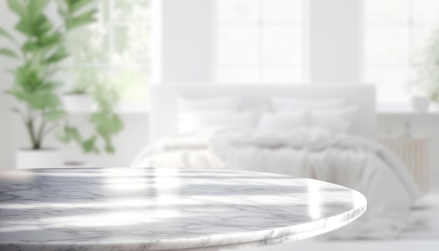 La mesa de piedra de mármol vacía frente al fondo interior del dormitorio borroso se puede usar para la exhibición de productos de montaje o el diseño de diseño