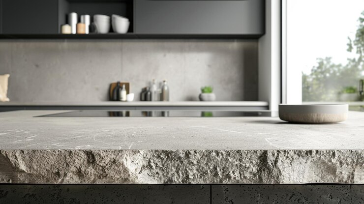 Mesa de piedra en la parte delantera de la cocina fondo fondo difuso diseño interior diseño minimalista