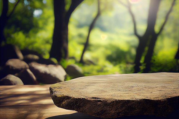 Una mesa de piedra con una piedra en medio de un bosque.