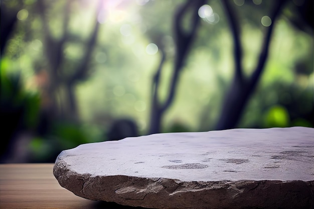 Mesa de piedra vacía para exhibición de publicidad de productos en la selva verde fresca