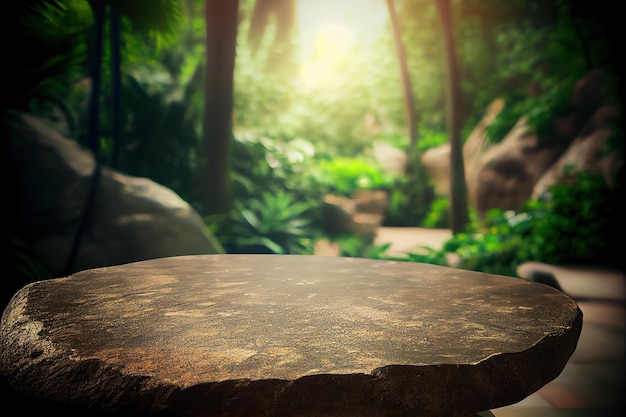 Mesa de piedra vacía para exhibición de publicidad de productos en la selva verde fresca