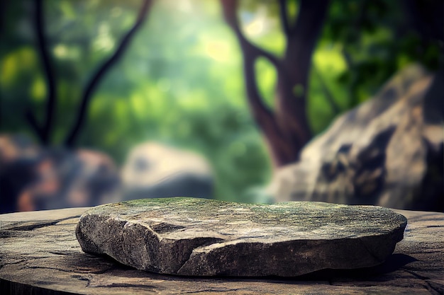 Mesa de piedra vacía para exhibición de publicidad de productos en la selva verde fresca