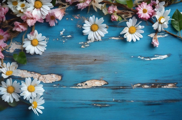 Una mesa pintada de azul con flores.