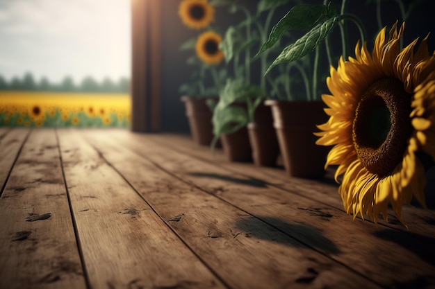 Mesa de piso de madera vacía con campos de girasoles en los fondos