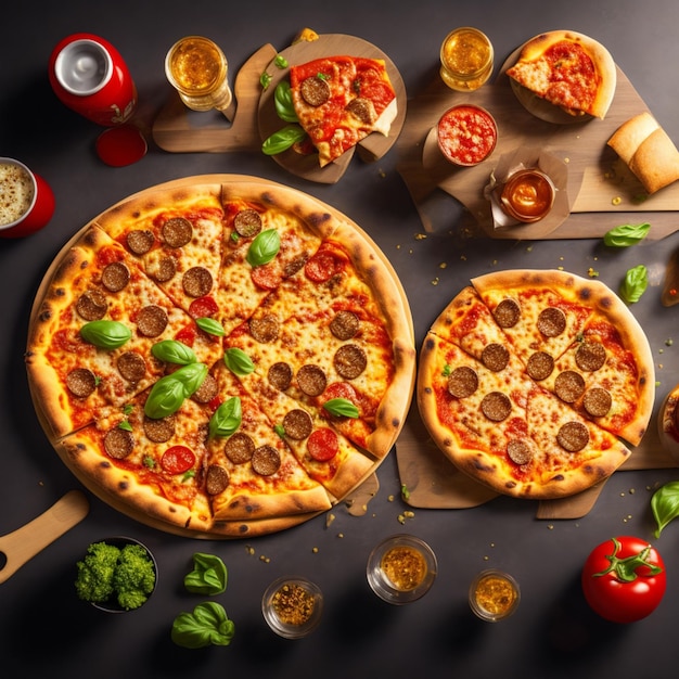 Una mesa con pizzas y bebidas y una pizza con pepperoni encima
