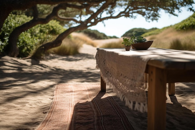 Una mesa con una planta se encuentra en un camino de tierra.