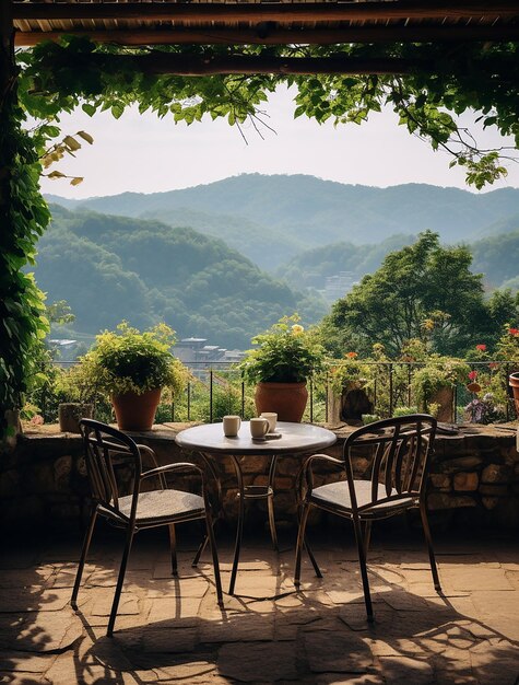 una mesa con una planta en olla y una vista de las montañas