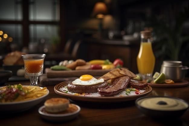 Una mesa con un plato de comida y una bebida encima.