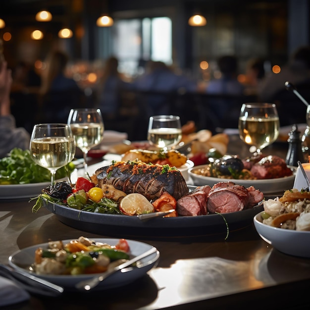 Una mesa con un plato de comida y copas de vino.