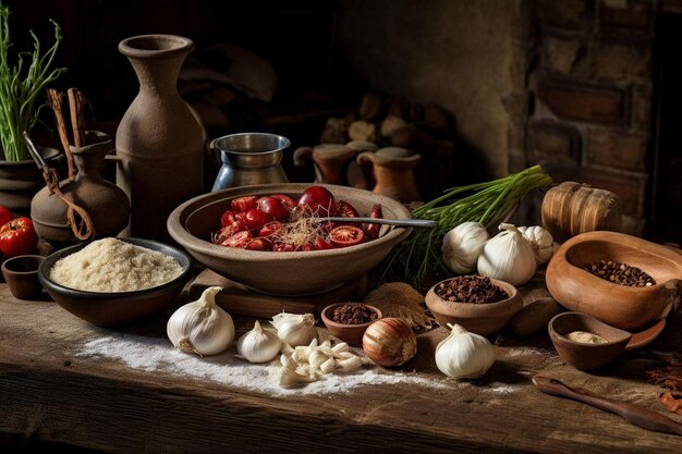 una mesa con un plato de comida y una olla de ajos.