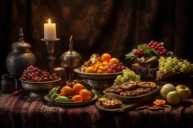 Una mesa con un plato de comida y un paño rosa