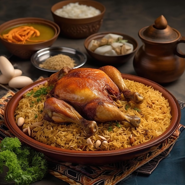 Una mesa con un plato de comida y un plato de arroz y un pollo encima.