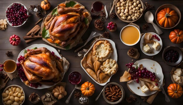 una mesa con un plato de comida y un plato De comida con un pavo en él