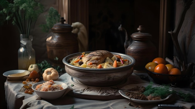 Una mesa con un plato de comida con un plato de pollo y verduras.